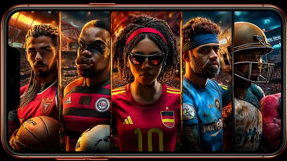 A smartphone screen displays a powerful collage of diverse male and female athletes from various sports, including football and soccer, representing the comprehensive sports betting options at tk555.