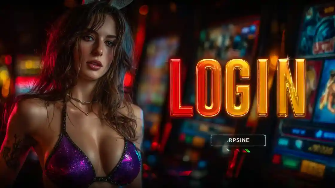 A captivating woman in a shimmering top stands beside a prominent LOGIN interface, with tk555 slot machines softly blurred in the background, inviting users to enter the world of tk555.