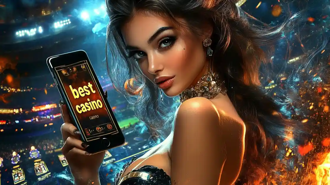 An alluring woman holds a smartphone with the best casino app from tk555 glowing on the screen, set against the backdrop of a brightly lit stadium and ambient flames.