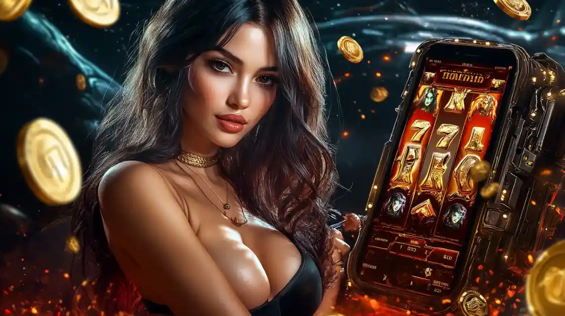 A beautiful woman in a black top looks confidently at the viewer while holding a smartphone displaying a tk555 mobile slot game with 777 symbols and golden coins.